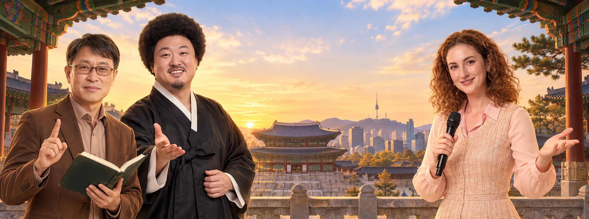 한국 궁궐과 서울의 노을을 배경으로 책을 든 한국어 전문가, 한복 차림의 MC, 마이크를 든 외국인 진행자가 함께 있는 우리말 구조대 대표 이미지